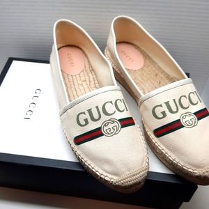 NWB Gucci White Canvas Espadrille Slides